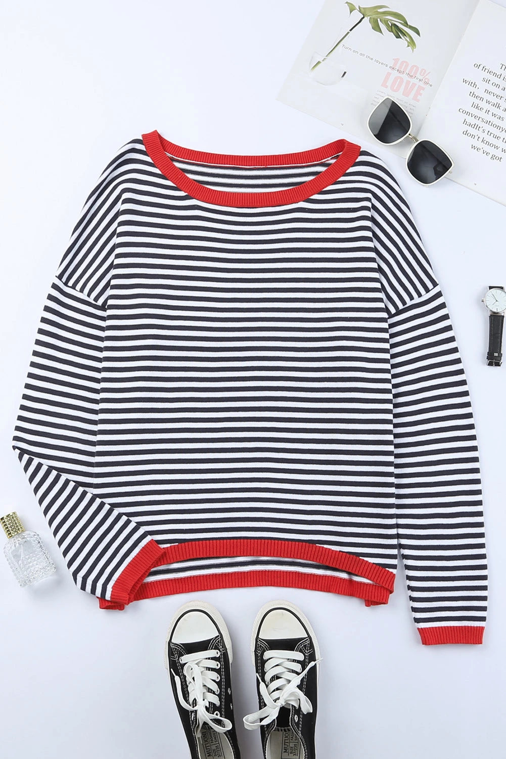Contrast Trimmed Striped Drop Shoulder Sweater for Women