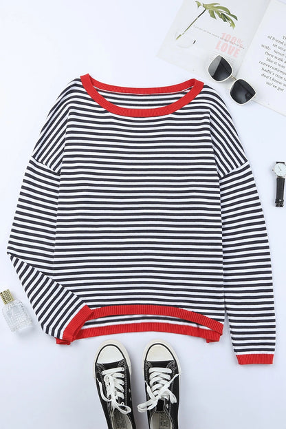 Contrast Trimmed Striped Drop Shoulder Sweater for Women