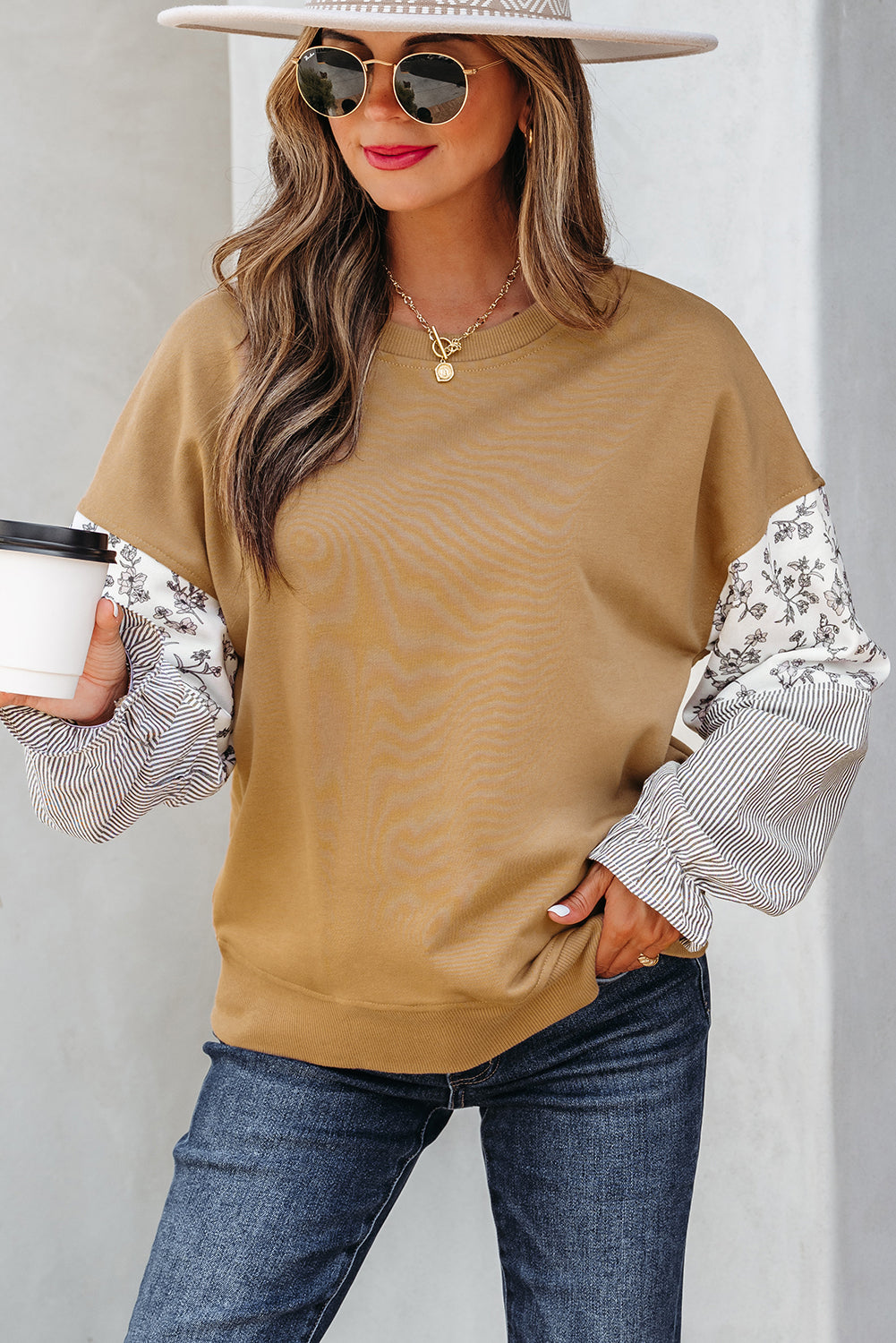 Camel Patchwork Floral Striped Ruffle Sleeve Sweatshirt