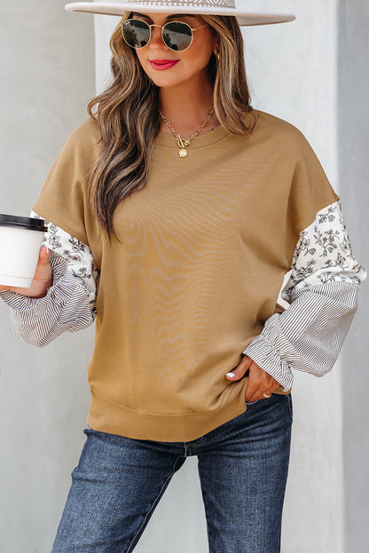 Camel Patchwork Floral Striped Ruffle Sleeve Sweatshirt