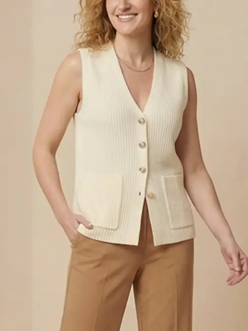 Button Front V Neck Knit Sweater Vest With Pockets