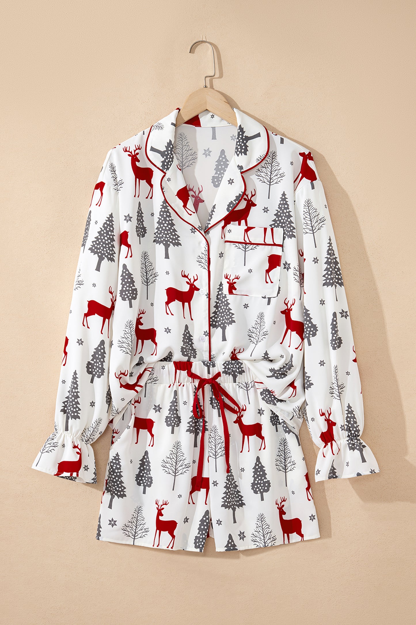 Red Reindeer Christmas Print Long Sleeve Pajama Shorts Set