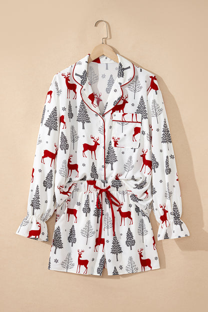 Red Reindeer Christmas Print Long Sleeve Pajama Shorts Set