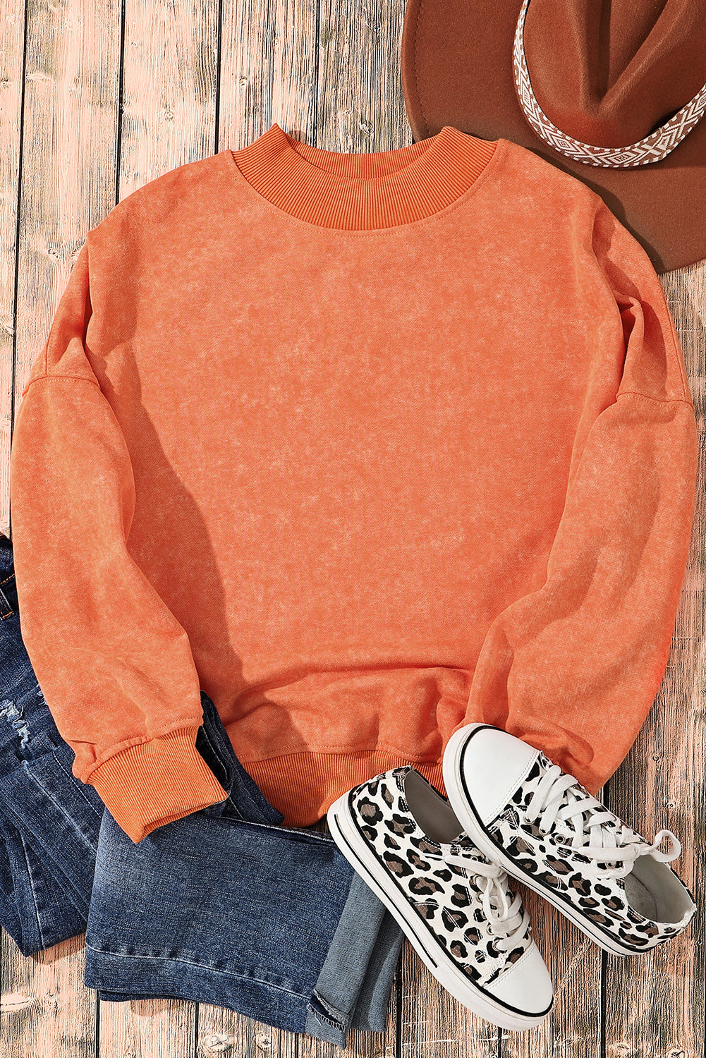 Orange Washed Drop Shoulder Crewneck Sweatshirt Oversized