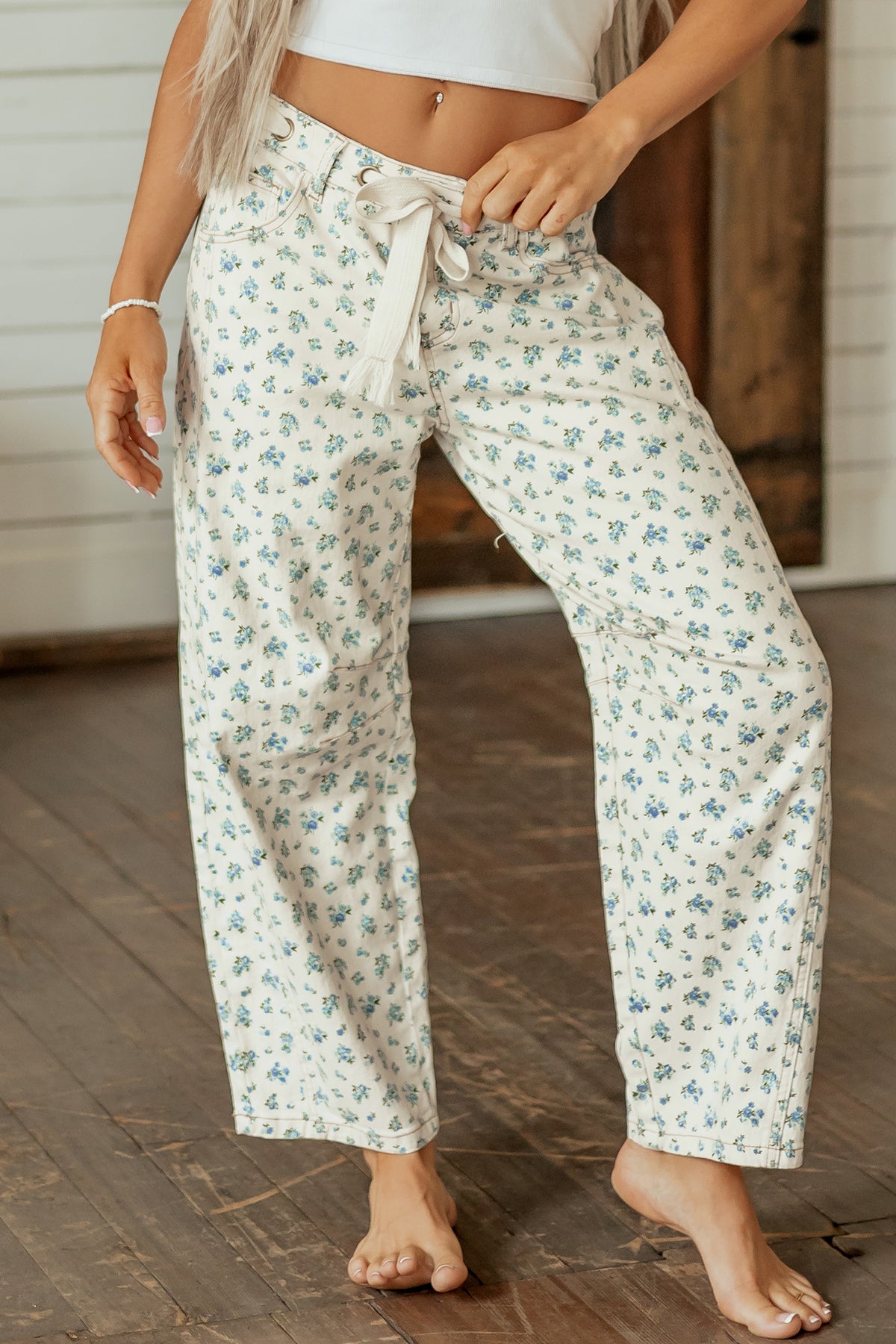 Floral Barrel Leg Drawstring Waist Casual Pants Women
