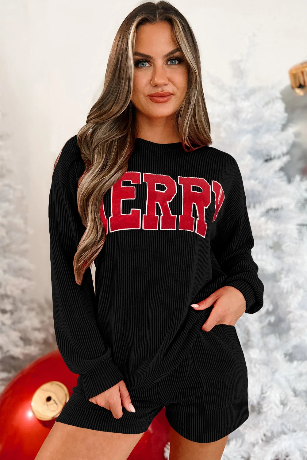 Evergreen Corded MERRY Graphic Long Sleeve Lounge Set