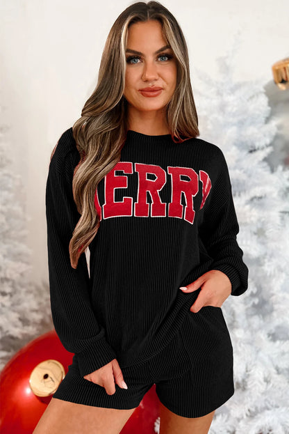 Evergreen Corded MERRY Graphic Long Sleeve Lounge Set