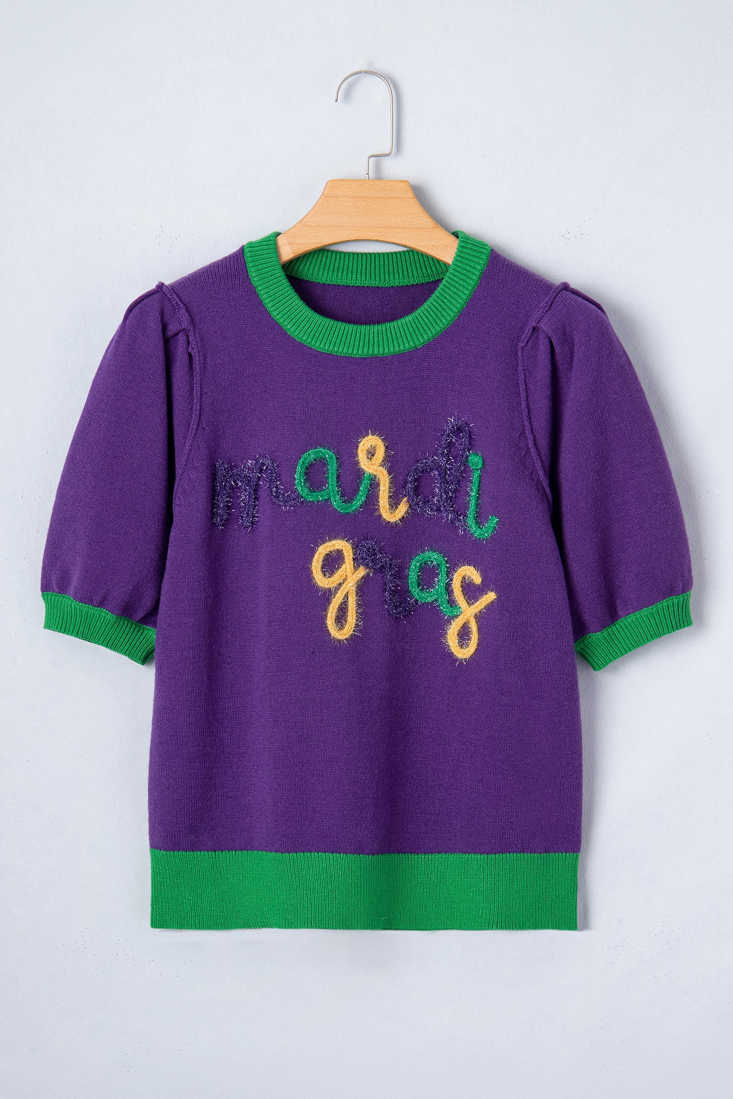 Purple Mardi Gras Tinsel Letter Short Sleeve Sweater Top