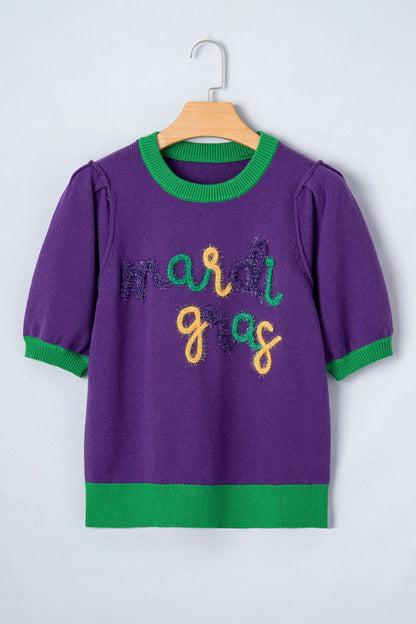 Purple Mardi Gras Tinsel Letter Short Sleeve Sweater Top