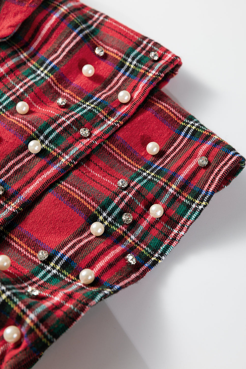 Red Christmas Plaid Pearl Ruffle Short Sleeve Holiday Blouse