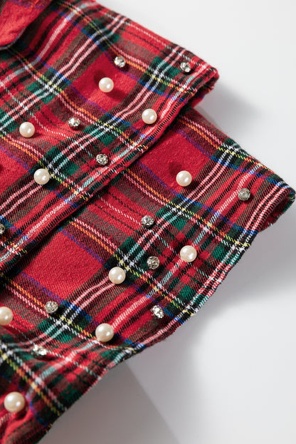 Red Christmas Plaid Pearl Ruffle Short Sleeve Holiday Blouse