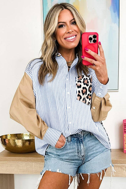 Sky Blue Striped Colorblock Leopard Patchwork Pocket Shirt