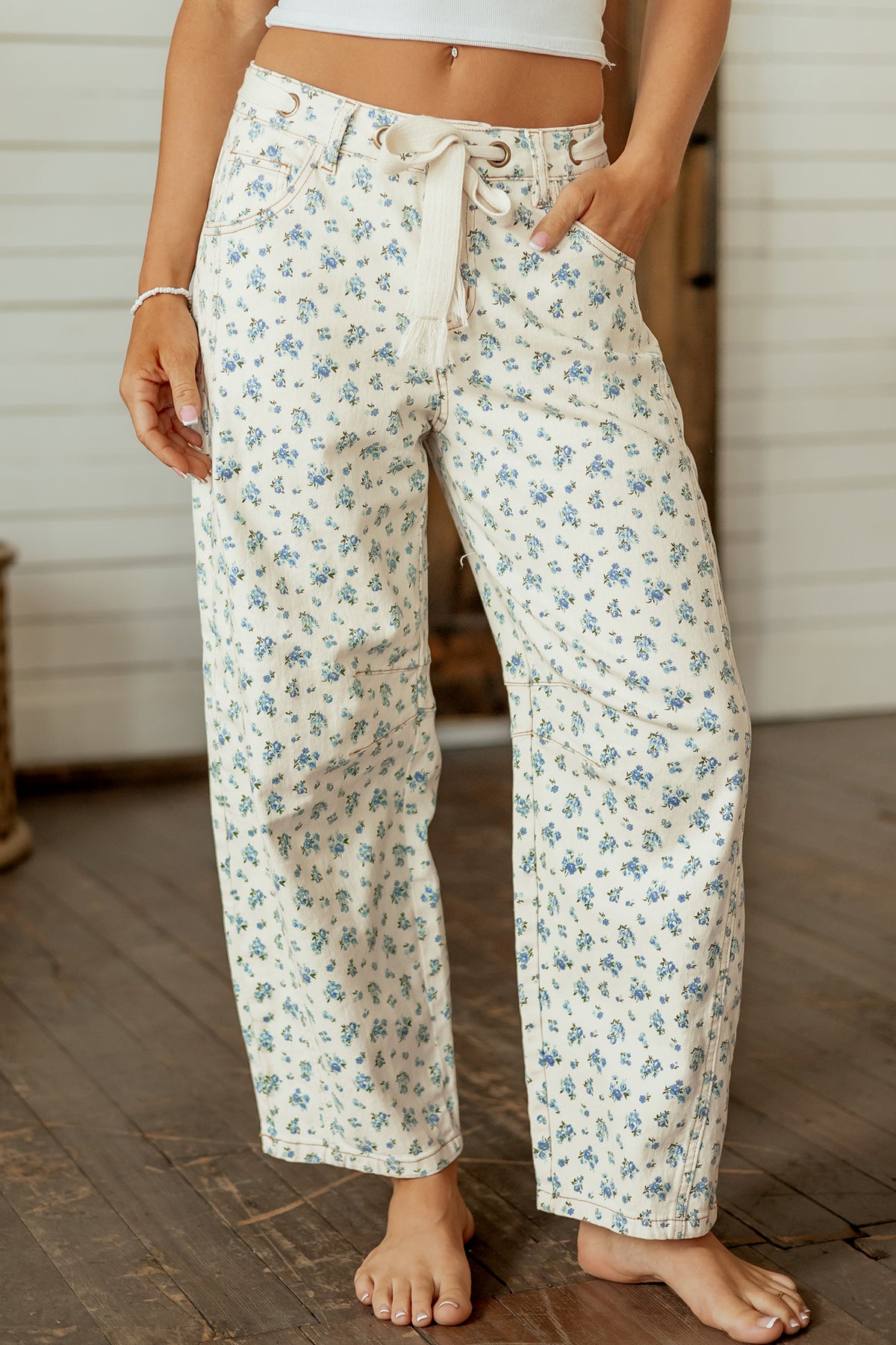 Floral Barrel Leg Drawstring Waist Casual Pants Women