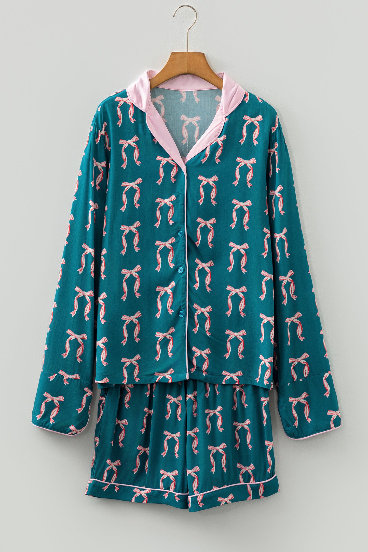 Green Bow Satin Pajama Set for Valentine Long Sleeve/Shorts