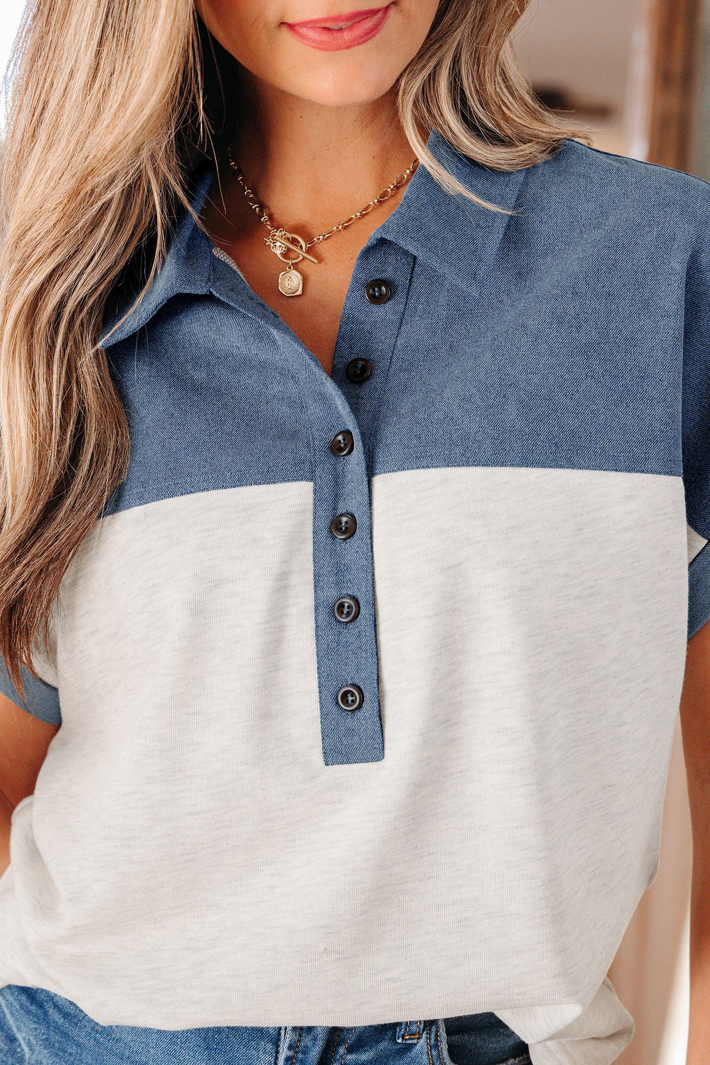 Color Block Polo Henley Short Sleeve Casual Top