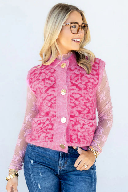 Western Leopard Print Knit Sweater Vest Button Cardigan