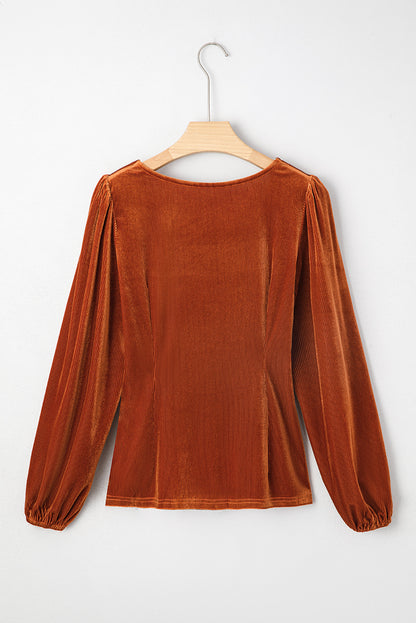 Clay Velvet Ribbed Texture Square Neck Slim Puff Sleeve Top