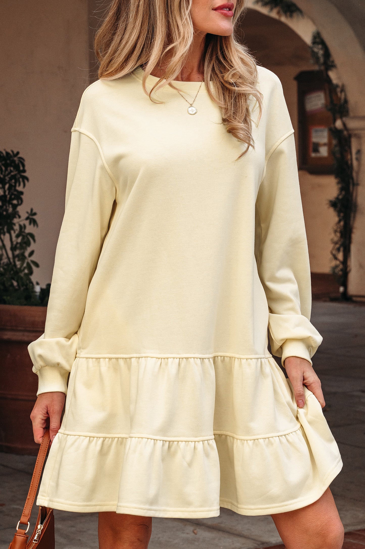 Beige Ruffle Hem Long Sleeve Loose Casual Mini Dress