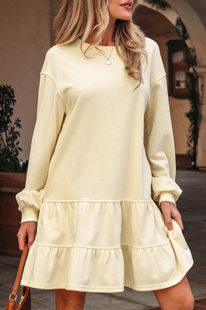 Beige Ruffle Hem Long Sleeve Loose Casual Mini Dress