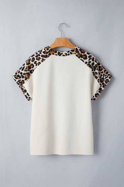 Leopard Patchwork Henley Button Short Sleeve Top