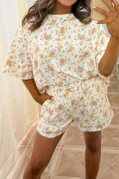 Floral Short Sleeve Lounge Set Women Pocket Shorts Set