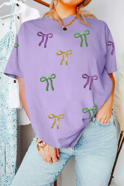 Mardi Gras Wisteria Sequin Bow Graphic Crewneck Tee