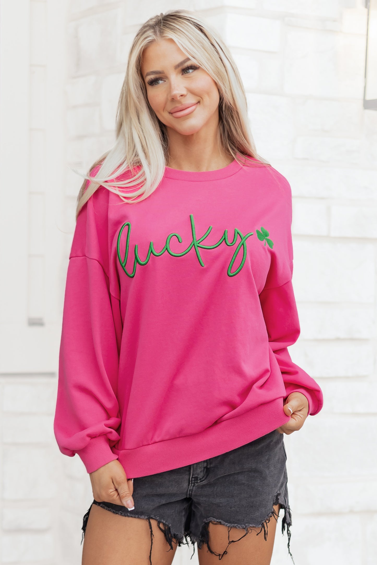 Rose Red St Patrick’s Lucky Clover Embroidered Sweatshirt