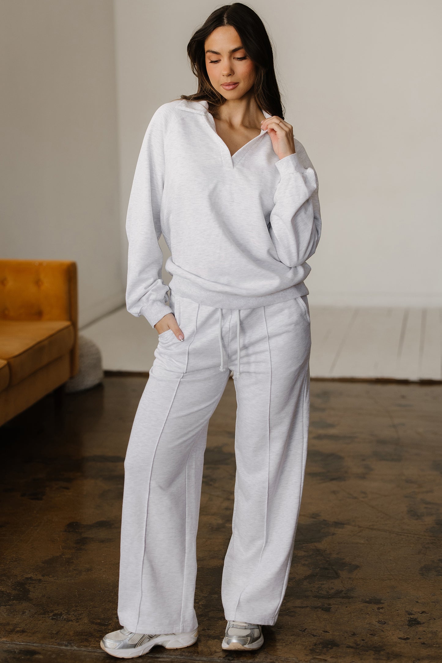 Light Grey Polo Collar Pullover & Drawstring Sweatpants Set