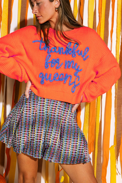 Orange Thankful for My Queens Ribbed Knit Sweater