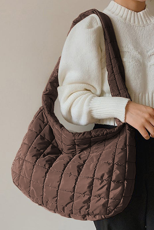 Coffee Quilted Puffer Large Zip Shoulder Tote Bag