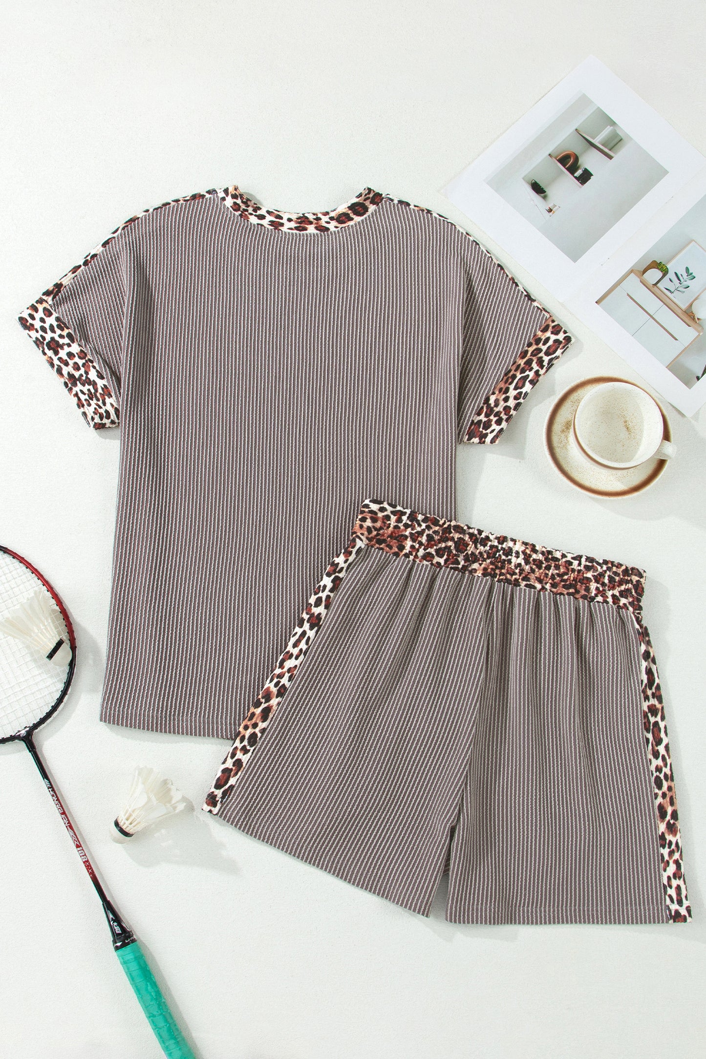 Leopard Trim Ribbed Short Sleeve Top and Shorts Set
