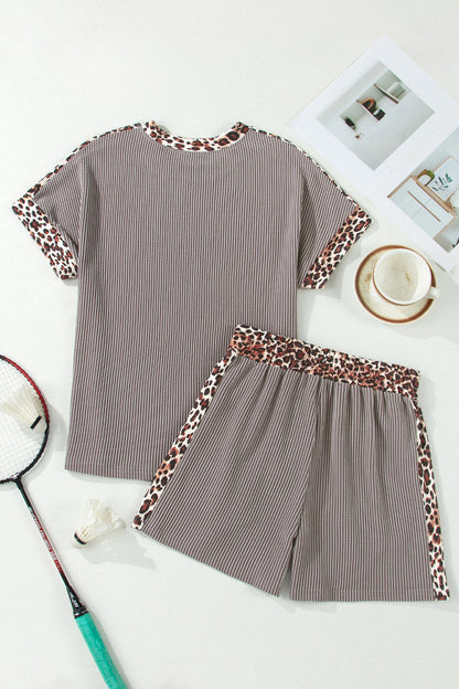 Leopard Trim Ribbed Short Sleeve Top and Shorts Set