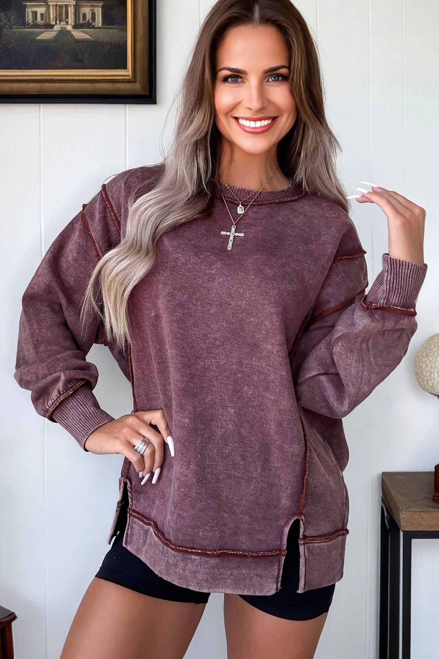 Mineral Wash Exposed Seam Sweatshirt Side Slit Casual Pullover
