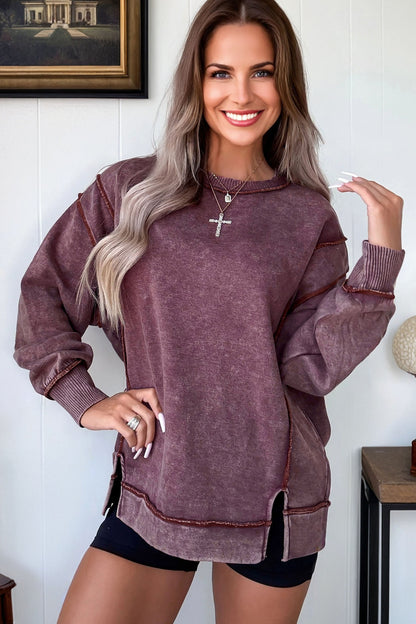 Mineral Wash Exposed Seam Sweatshirt Side Slit Casual Pullover