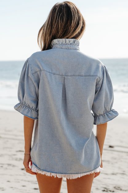 Light Wash Chambray Puff Sleeve Button Up Shirt