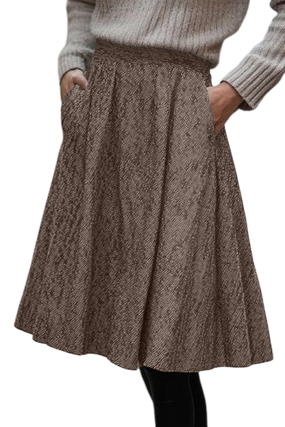 Brown Solid Color Textured Pleated Midi Skirt