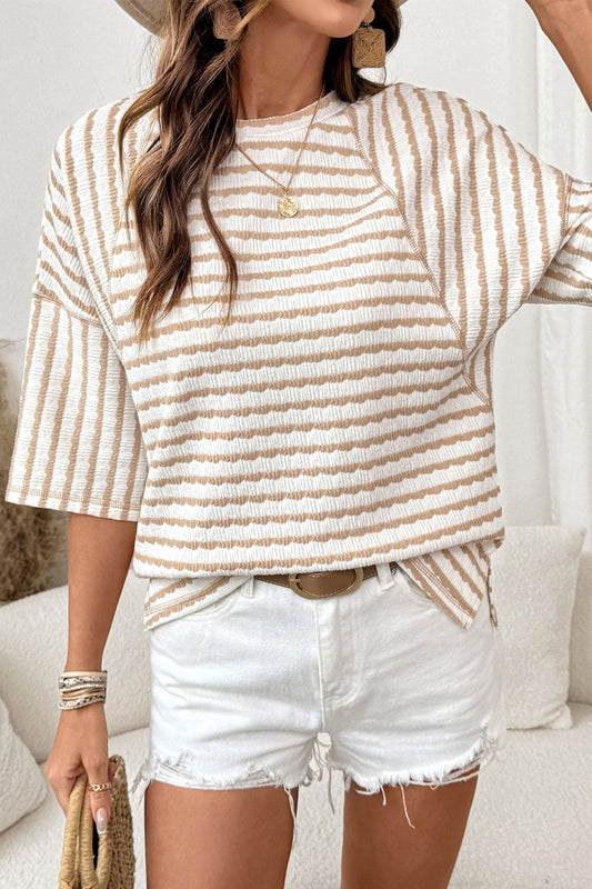 Apricot Stripe Textured Loose Fit Short Sleeve Top