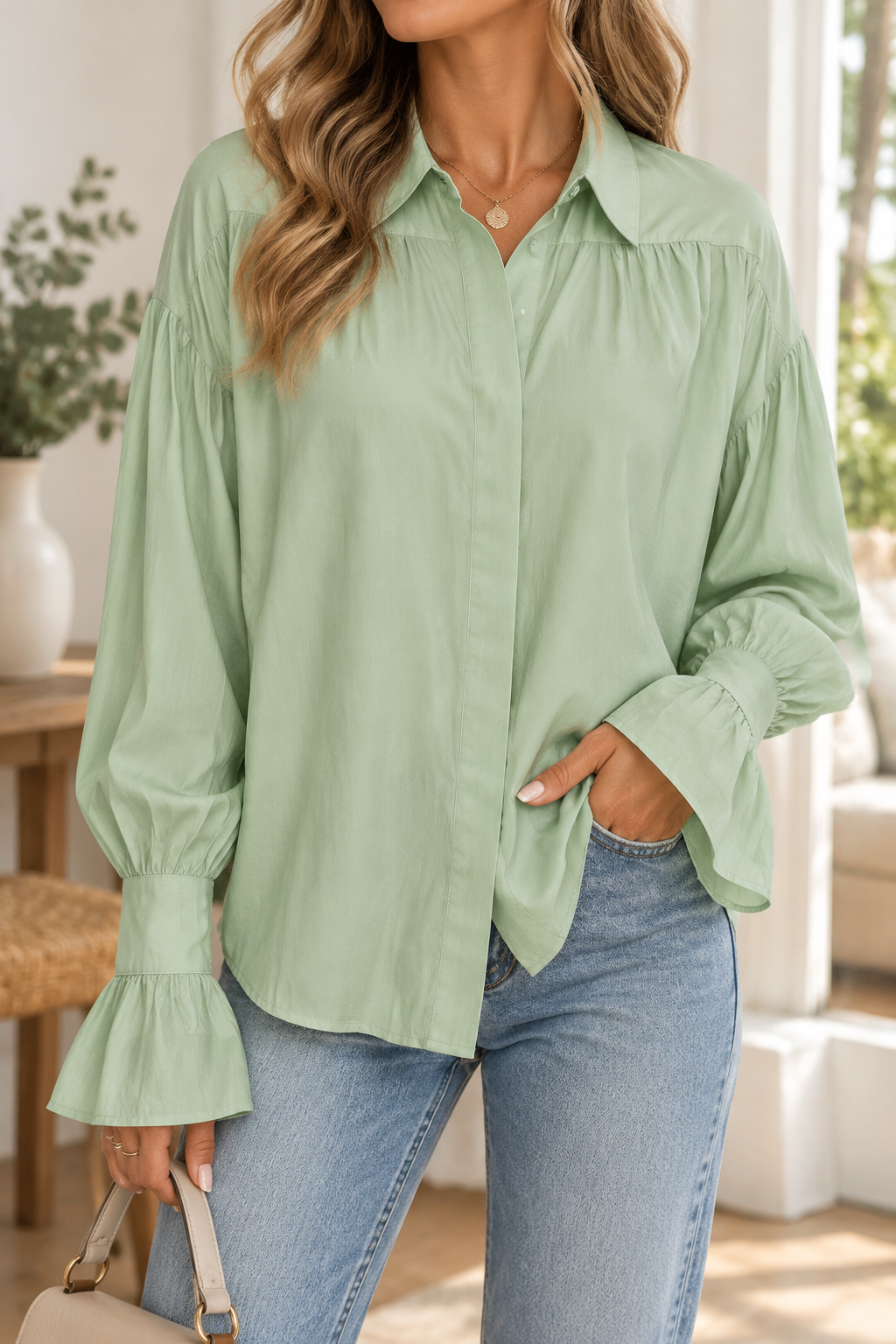 Women's Oversized Flare Sleeve Collared Button Down Blouse