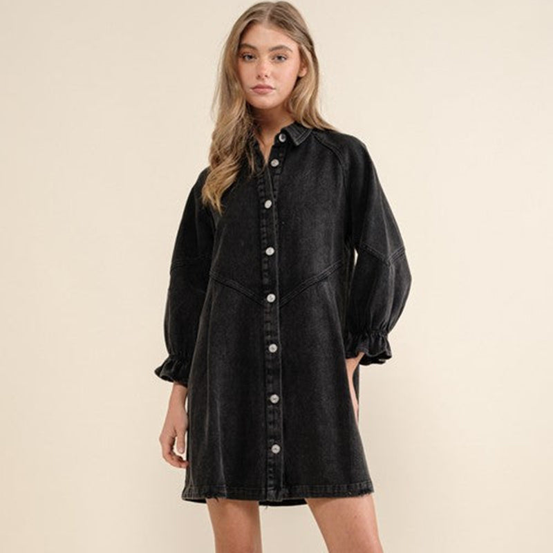 Denim Puff Sleeve Button Shirt Dress Casual Mini Dress