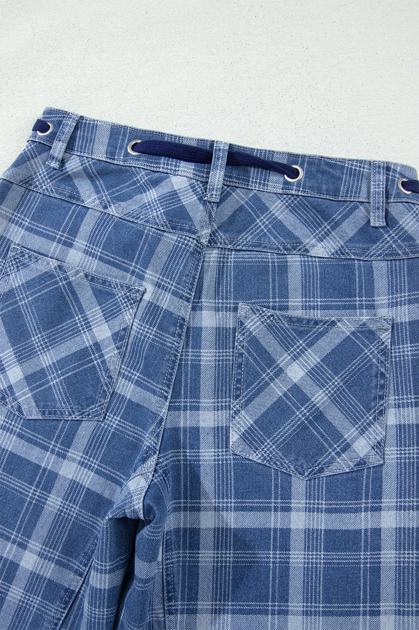 Plaid Denim Drawstring Wide Leg Utility Jeans