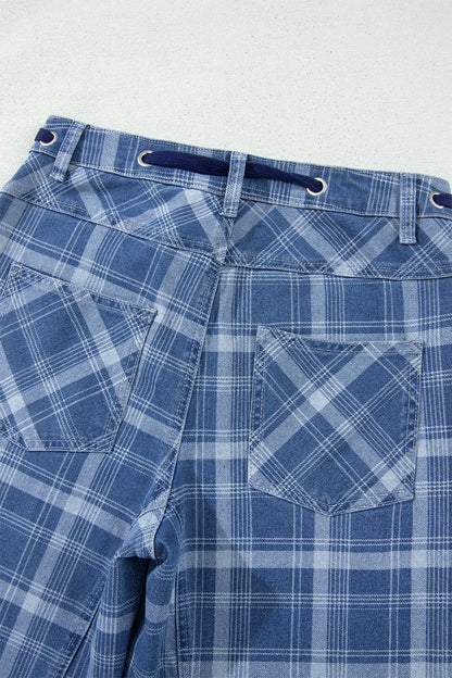 Plaid Denim Drawstring Wide Leg Utility Jeans