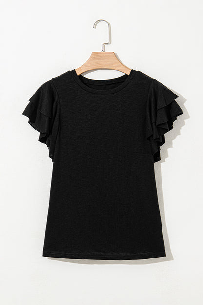 Dark Grey Ruffle Sleeve Casual Tee Boutique Summer Top