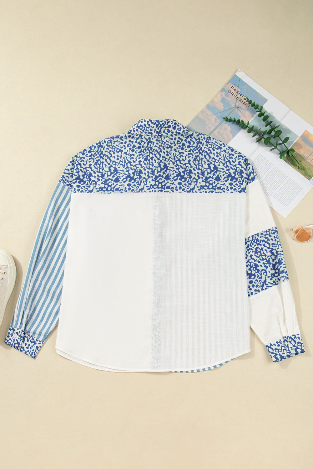 Sky Blue Striped Leopard Patchwork Cotton Plus Shirt