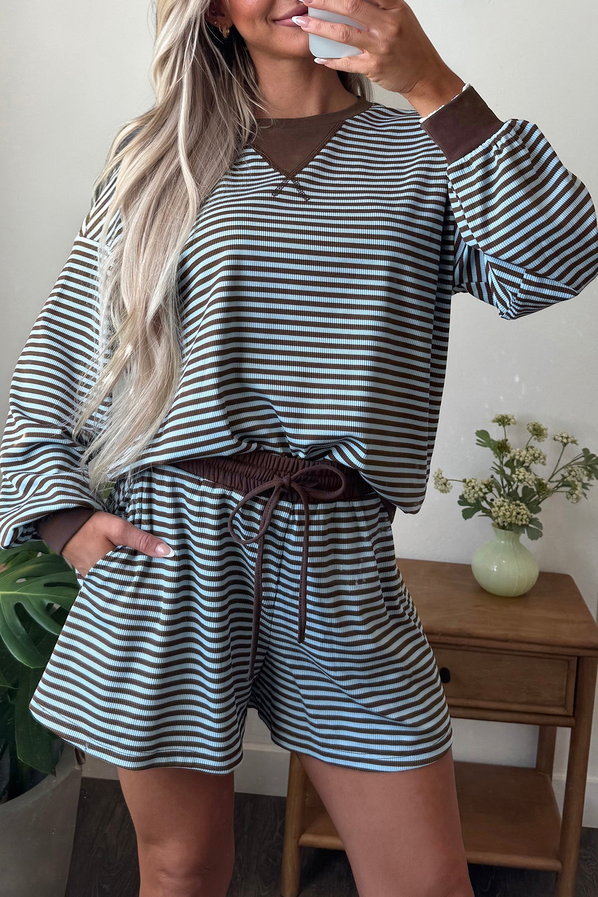 Women's Striped Oversized Contrast Trim 2-Piece Set