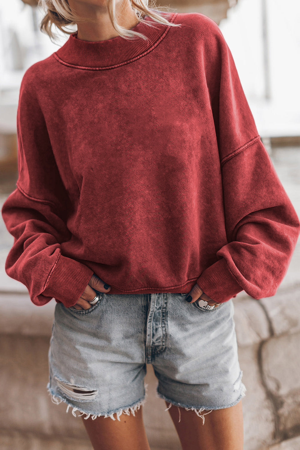 Washed Green Drop Shoulder Crewneck Sweatshirt for Women
