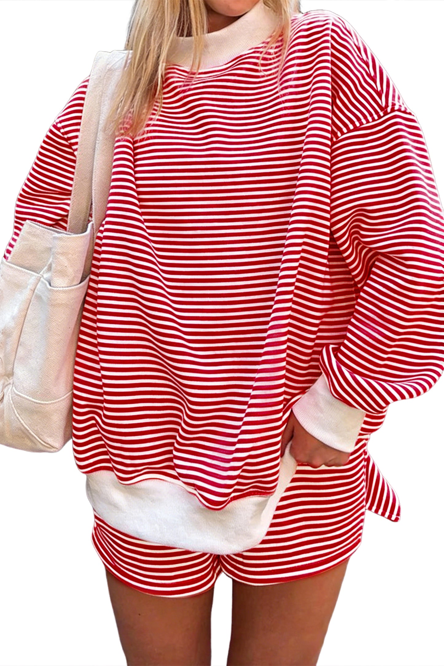 Pink Stripe Oversized Mock Neck Sweatshirt Shorts Set