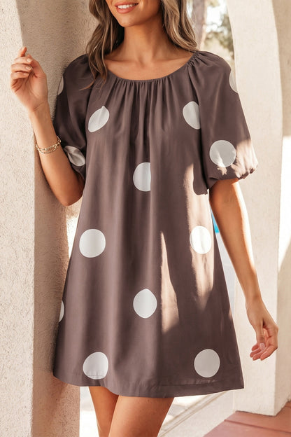 Brown Polka Dot Puff Sleeve Loose Fit Mini Dress
