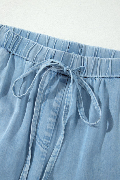 Beau Blue Ruffled Hem Wide Leg Chambray Pants