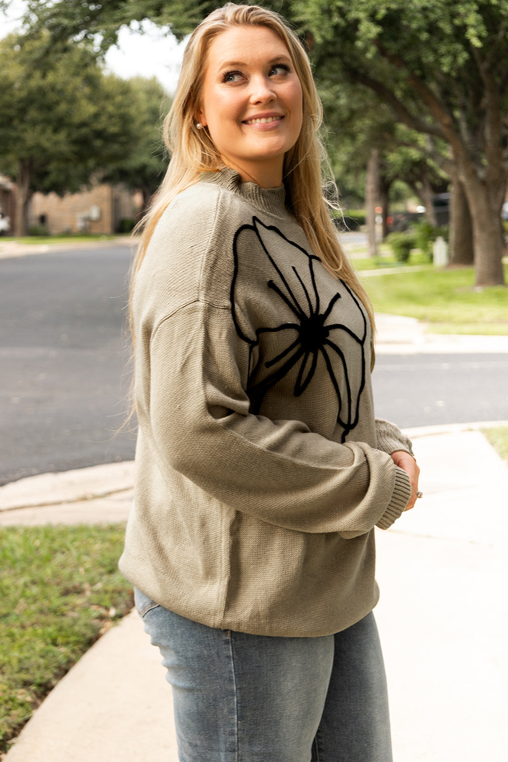 Dark Khaki Plus Size Big Flower Pattern High Neck Drop Shoulder Sweater