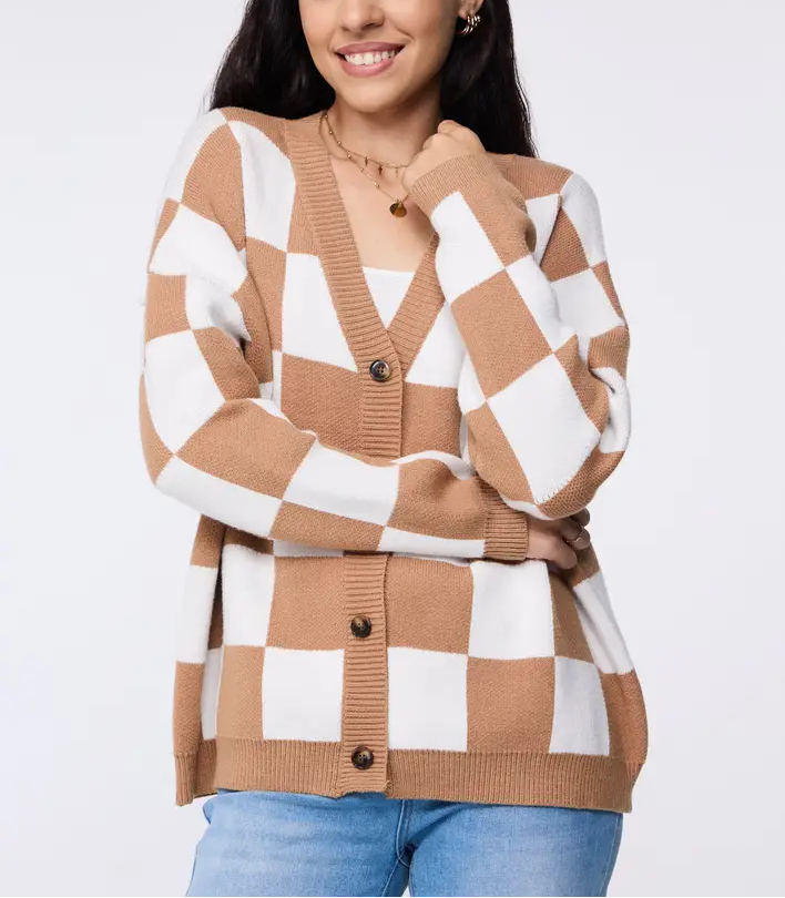 Checkerboard Knit Cardigan Button Down Cozy Sweater